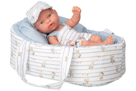 Arias kūdikėlis žydroje nešyklėje su meškiukais, 26 cm