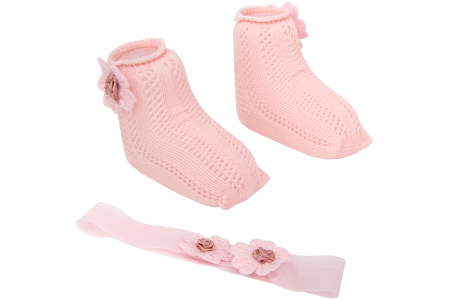 Arias lėlės kūdikio nertų kojinyčių ir lankelio rinkinys, rožinis