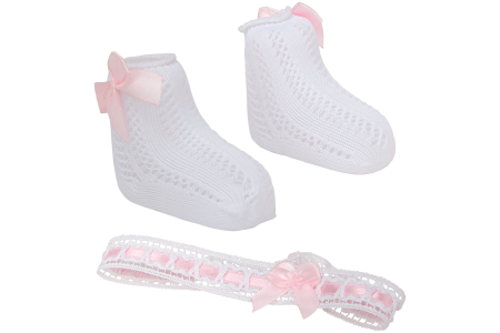 Arias lėlės kūdikio nertų kojinyčių ir lankelio rinkinys, baltas