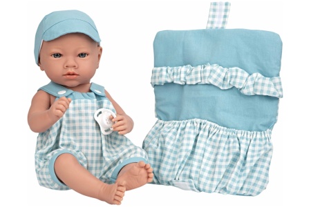 Arias lėlė su languotais, žydrais rūbeliais, berniukas, 38 cm