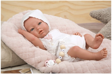 Reborn lėlytė baltais rūbeliais, mergaitė, 38 cm