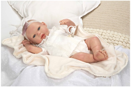 Reborn lėlytė baltais rūbeliais, mergaitė, 45 cm