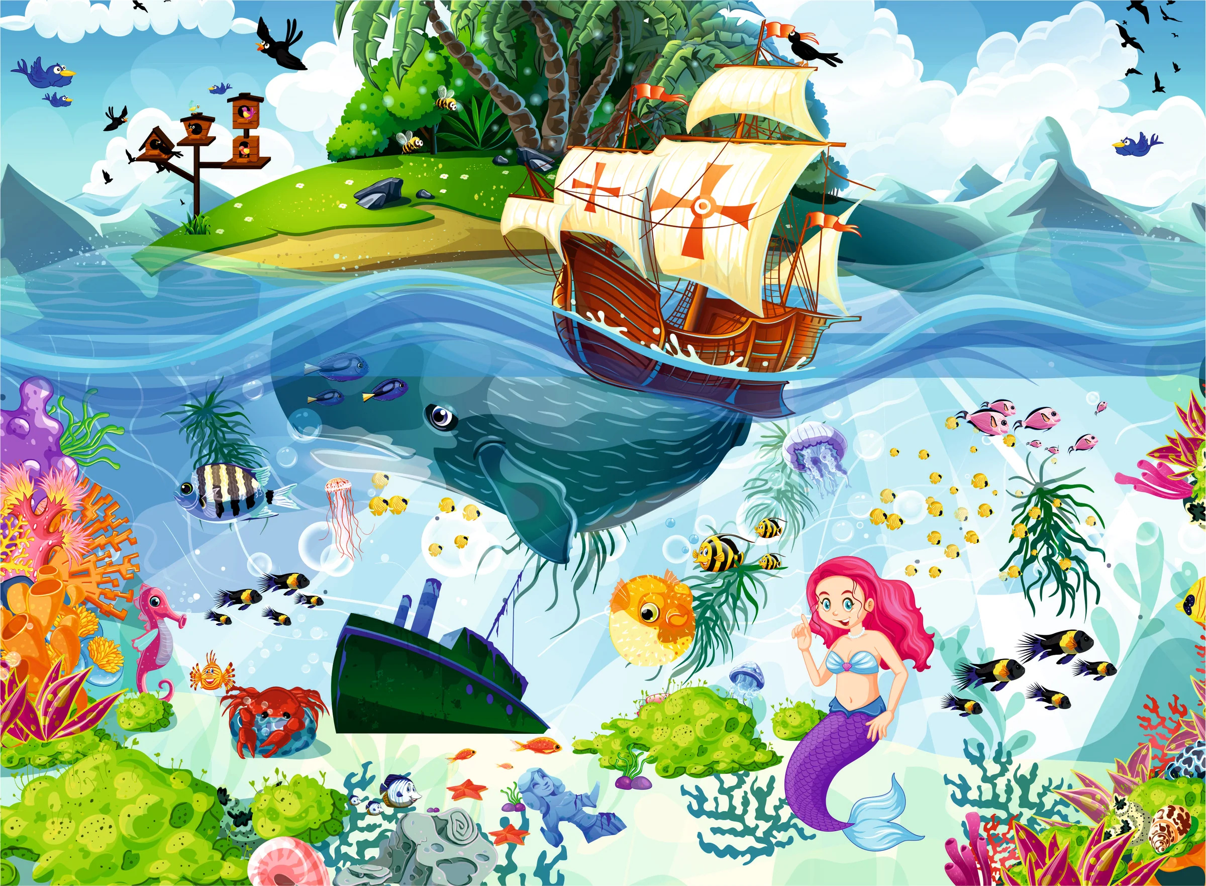 mermaidisland-jigsawpuzzle-500piece-mermaid-fish-whale-isalnd-birds-blue-cartoon-lovely-puzzle2400x1763_1748258369 Brain Tree dėlionė, Undinėlės sala, 500 det.