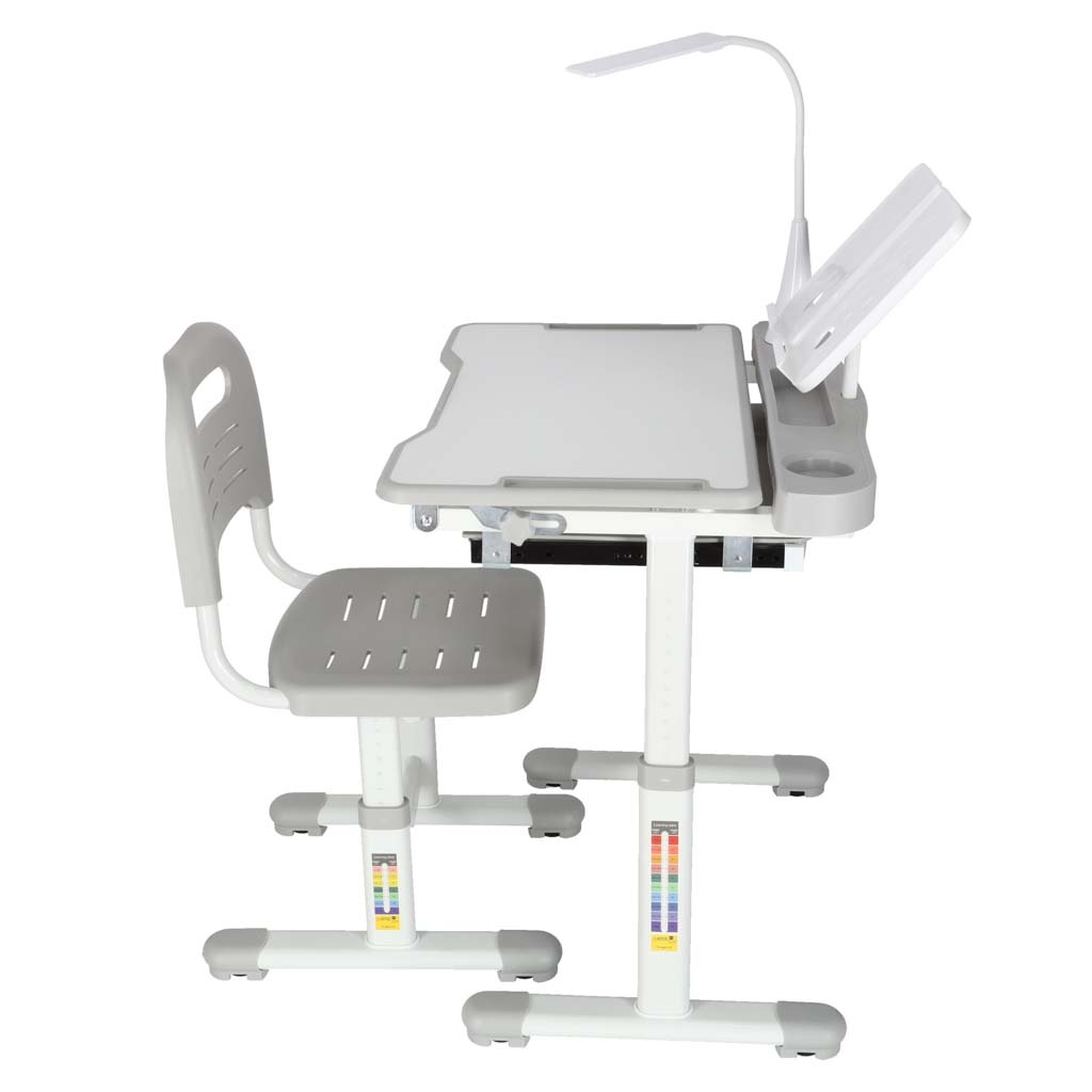 Biurko-dzieciece-szkolne-regulowane-krzeslo-lampka-LED-USB-szare-175580 Vaikiškas rašomasis stalas su stalčiumi, kėdė, lempa, pilka