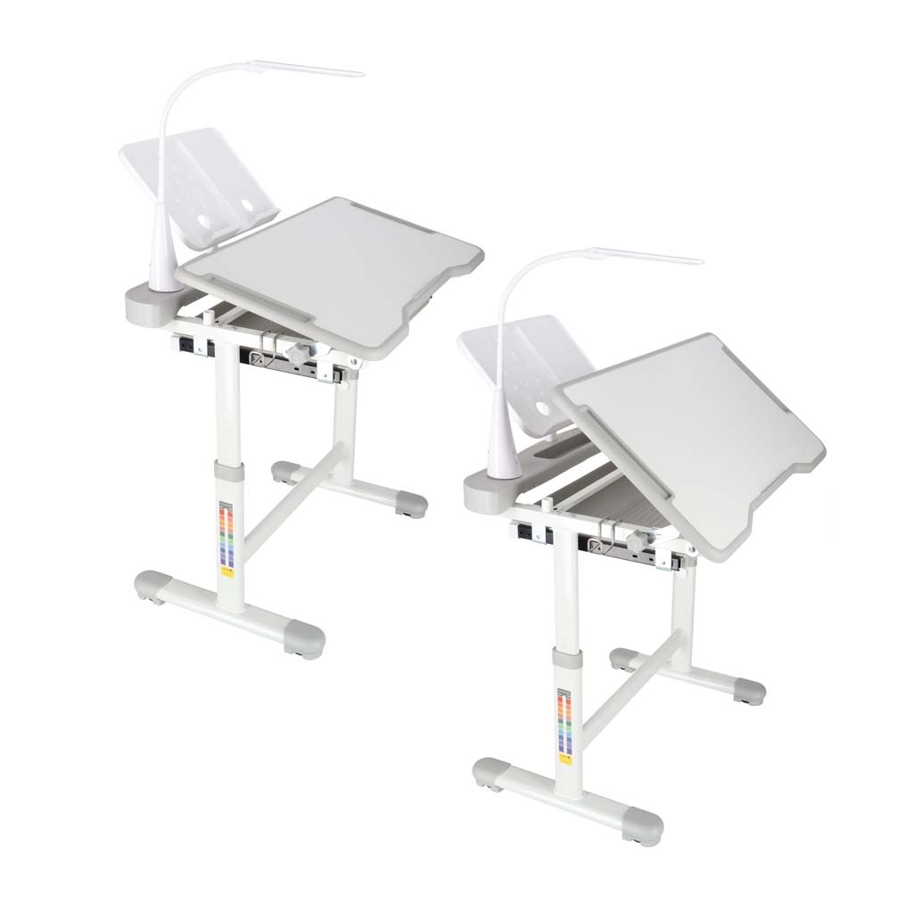 Biurko-dzieciece-szkolne-regulowane-krzeslo-lampka-LED-USB-szare-175583 Vaikiškas rašomasis stalas su stalčiumi, kėdė, lempa, pilka