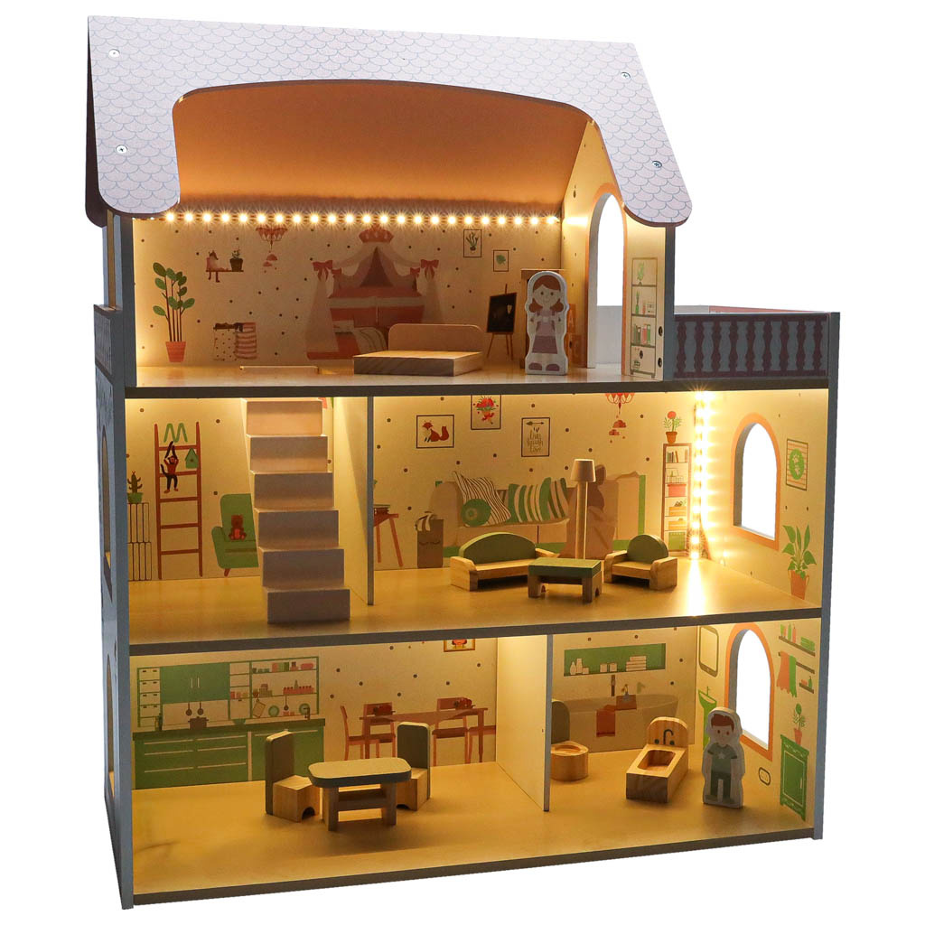 LULILO Peonio medinis lėlių namelis 70 cm LED rožinis