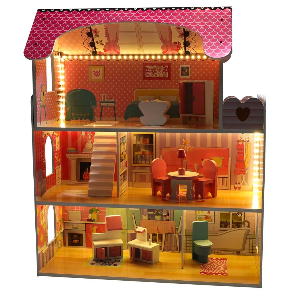 Domek-dla-lalek-drewniany-MDF-mebelki-70cm-rozowy-LED-179857 MDF medinis lėlių namelis + baldai 70cm rožinis LED