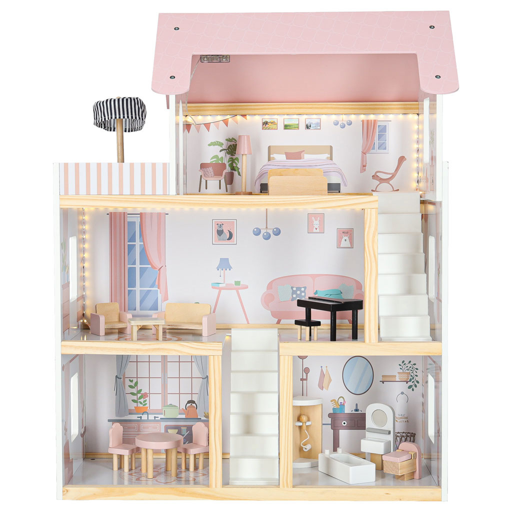 Domek-dla-lalek-drewniany-mebelki-80cm-roz-LED-178910 Mediniai lėlių namų baldai 78cm rožinės spalvos LED