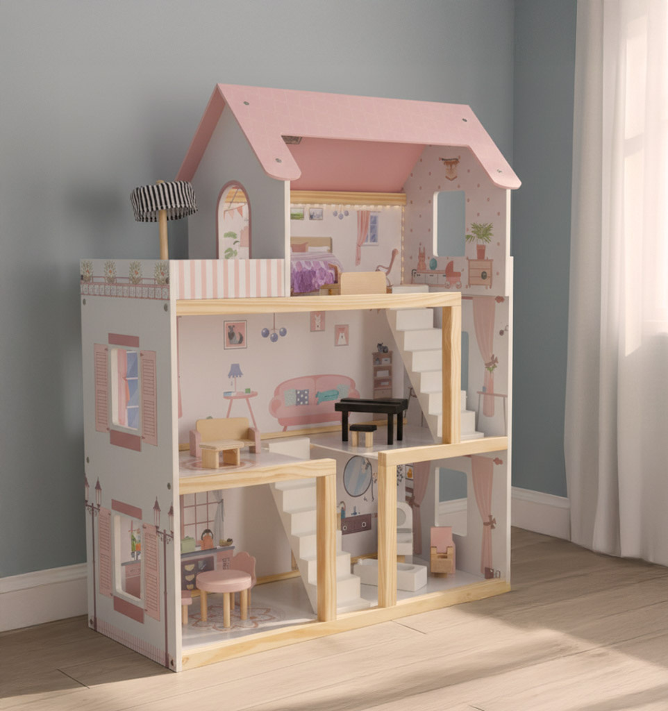 Domek-dla-lalek-drewniany-mebelki-80cm-roz-LED-178923 Mediniai lėlių namų baldai 78cm rožinės spalvos LED