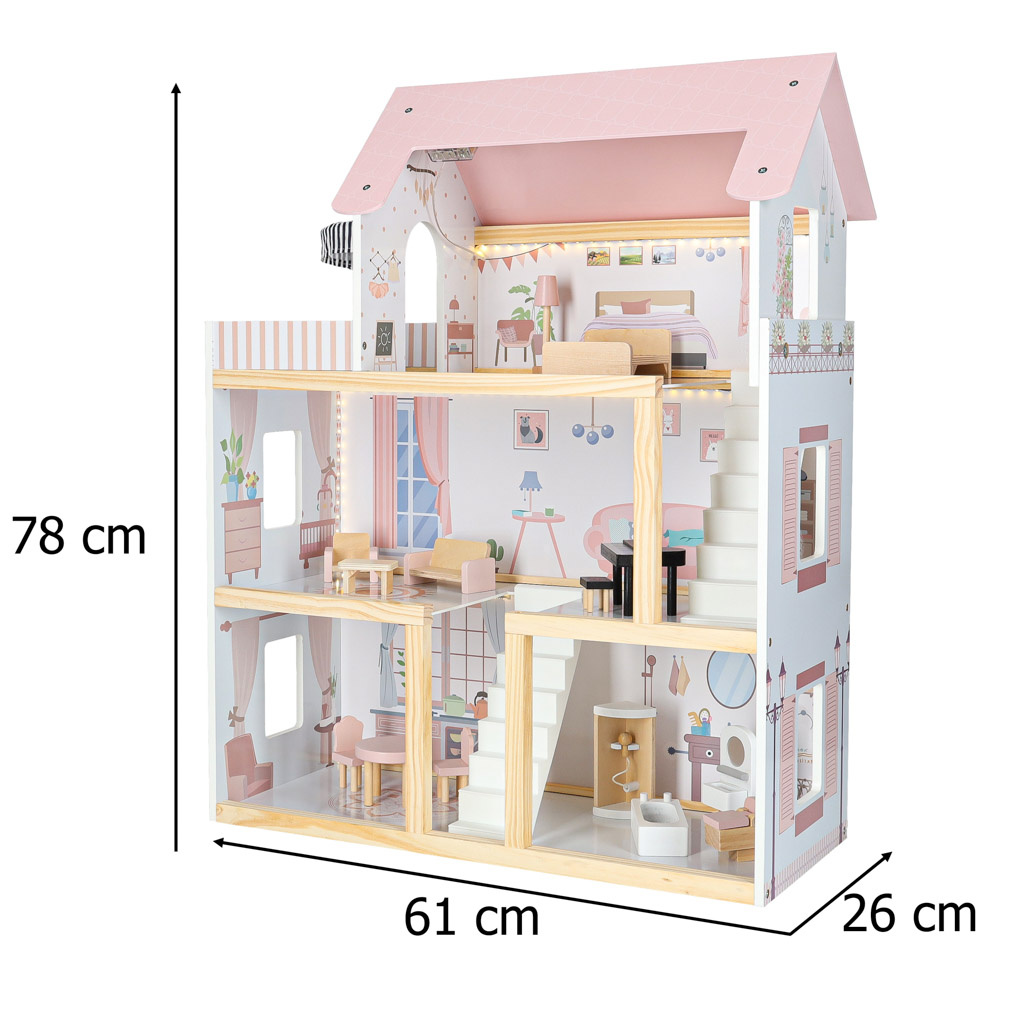 Domek-dla-lalek-drewniany-mebelki-80cm-roz-LED-178924 Mediniai lėlių namų baldai 78cm rožinės spalvos LED
