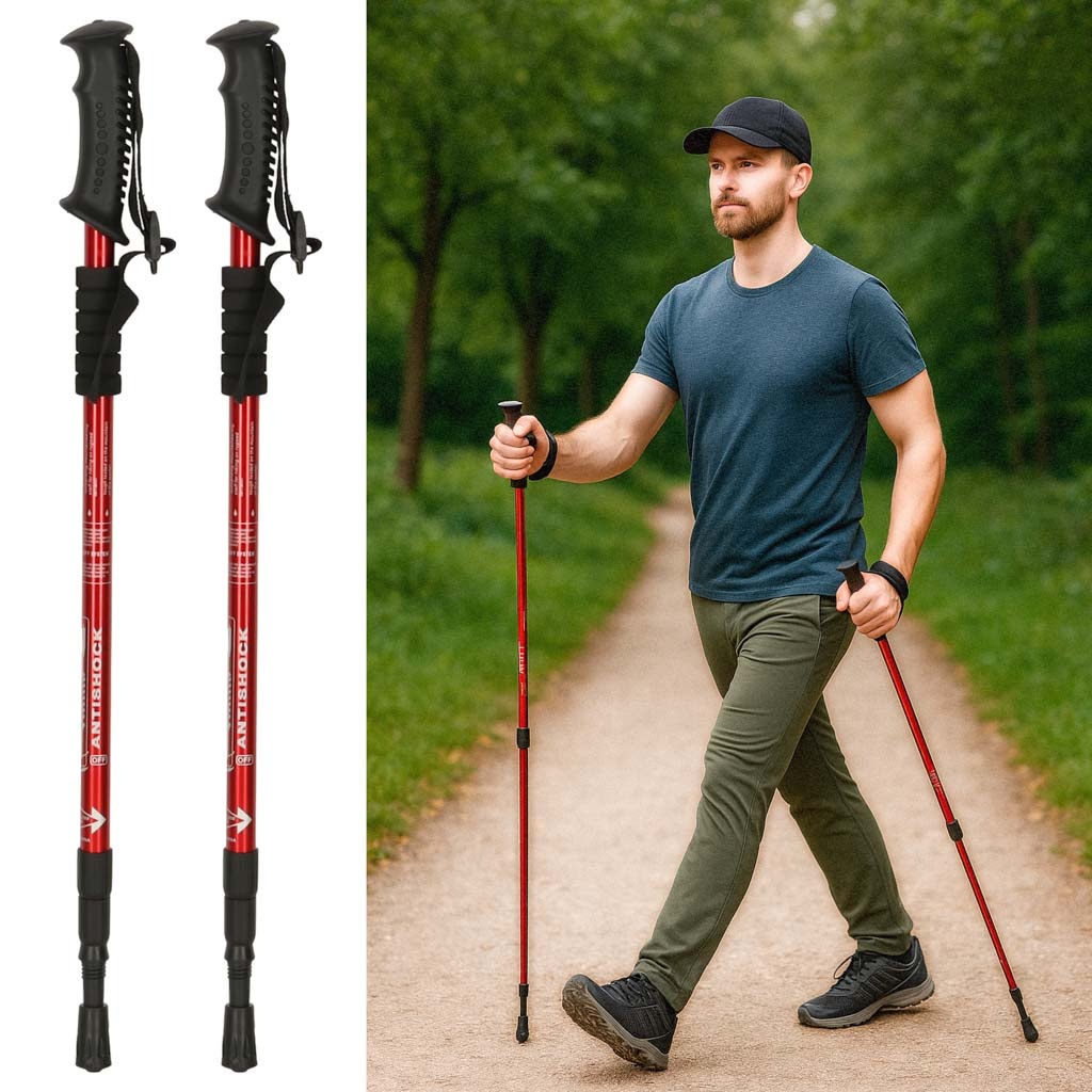 Kijki-kije-trekkingowe-do-nordic-walking-skladane-2-sztuki-czerwone-172818 Šiaurietiškojo ėjimo lazdos sulankstomos 2 vnt. raudonos spalvos