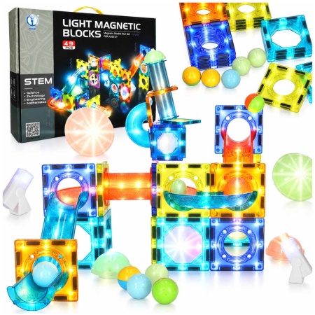 Klocki-magnetyczne-konstrukcyjne-marble-tor-kulkowy-swiecacy-49-elementow-192361 Šviečiantis magnetinis marmurinis rutuliukų takelis 49 elementai