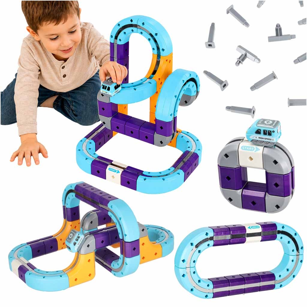 Klocki-magnetyczne-konstrukcyjne-tor-wyscigowy-auta-54-elementy-186365 Magnetinės kaladėlės lenktynių trasos automobiliams 54 elementai