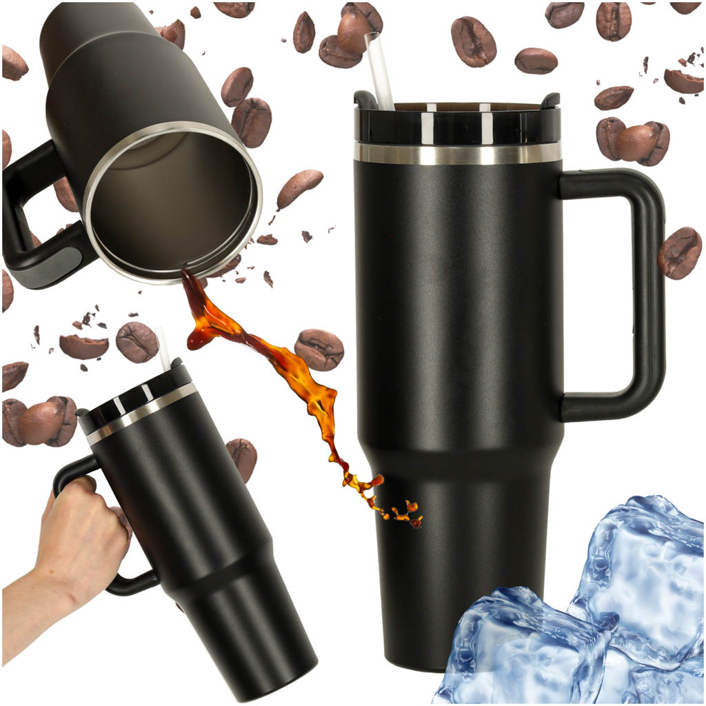 Termo puodelis su šiaudeliu ir rankenėle termosas 1200ml juodas