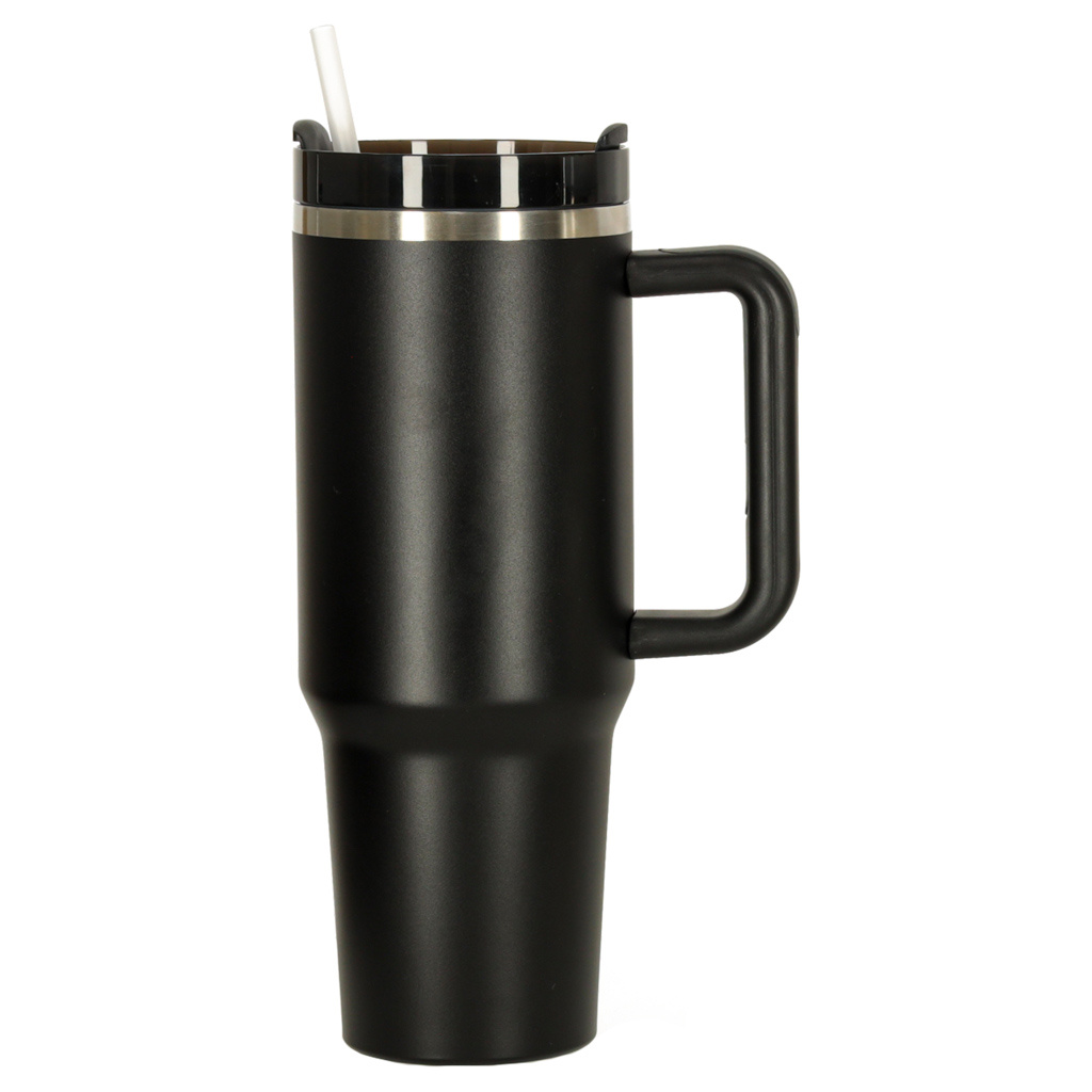 Termo puodelis su šiaudeliu ir rankenėle termosas 1200ml juodas