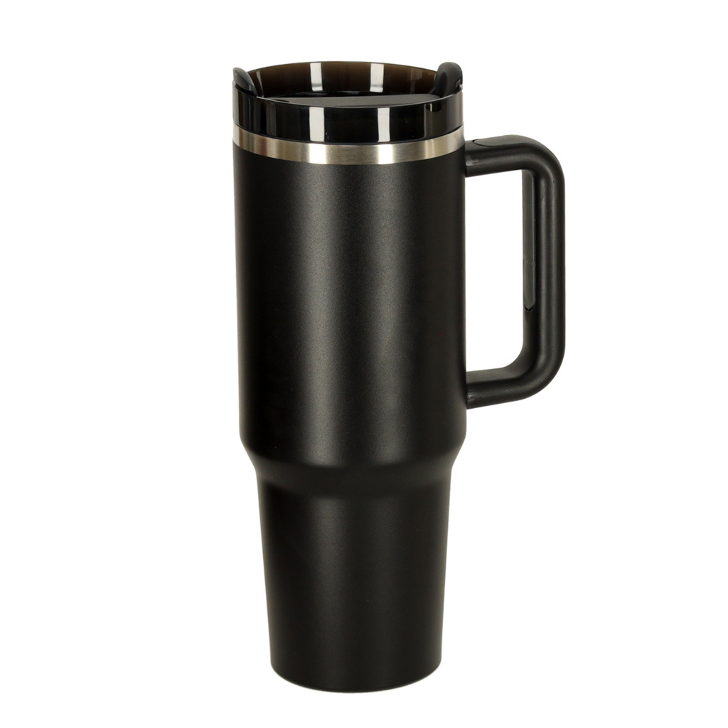 Termo puodelis su šiaudeliu ir rankenėle termosas 1200ml juodas