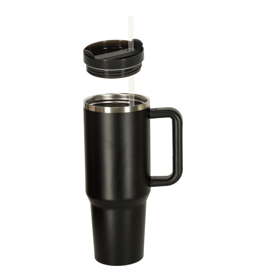 Termo puodelis su šiaudeliu ir rankenėle termosas 1200ml juodas
