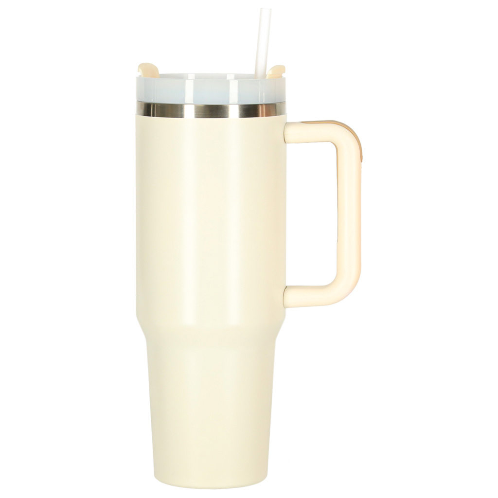 Termo puodelis su šiaudeliu ir rankenėle termosas 1200ml kreminės spalvos