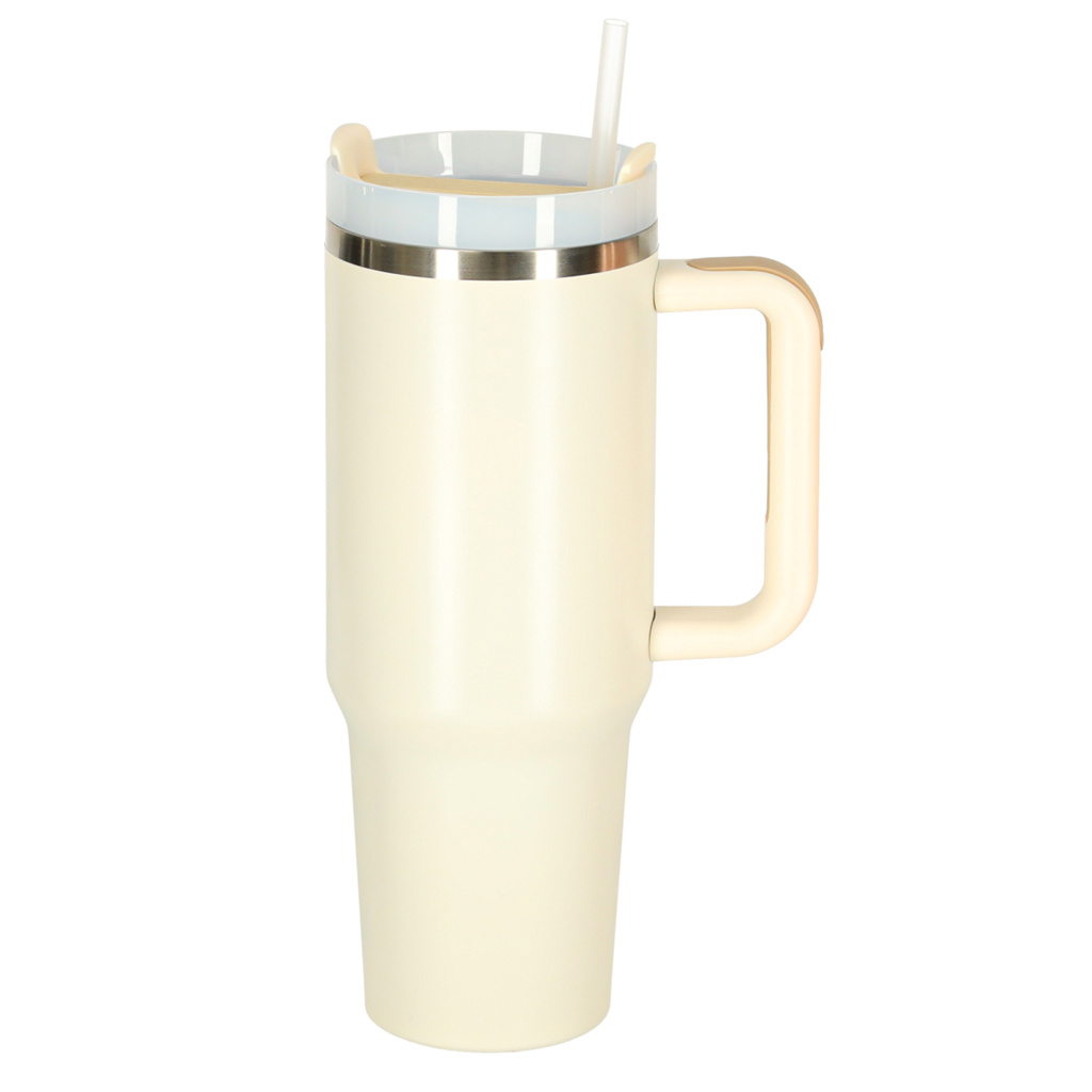 Termo puodelis su šiaudeliu ir rankenėle termosas 1200ml kreminės spalvos