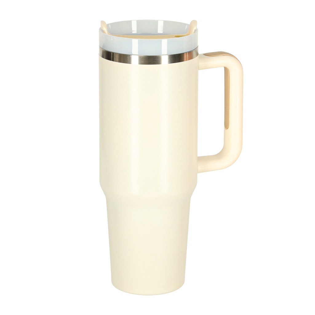 Termo puodelis su šiaudeliu ir rankenėle termosas 1200ml kreminės spalvos