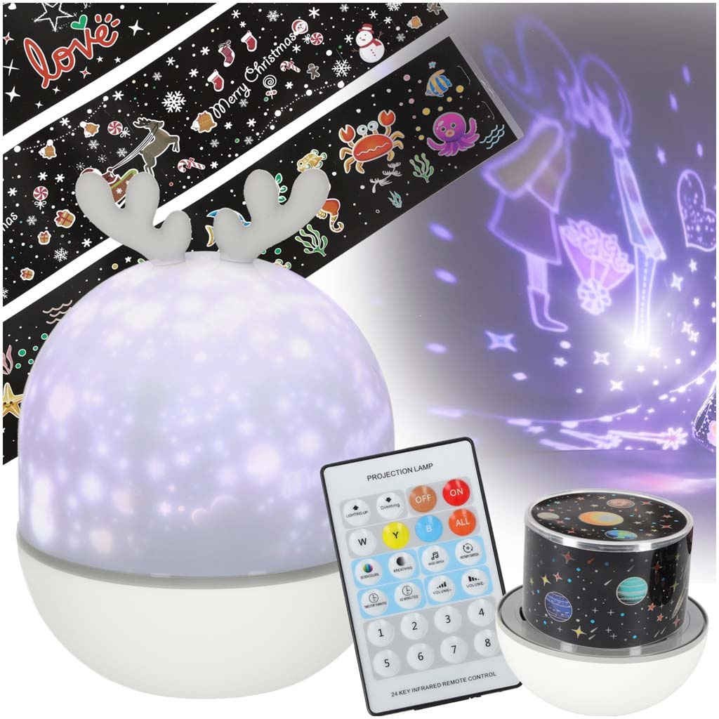 Lampka-nocna-projektor-gwiazd-LED-USB-obrotowy-6-motywow-pilot-renifer-176394 LED žvaigždžių projektoriaus naktinė šviesa USB pasukamas 6 motyvai nuotolinio valdymo pultas elnias
