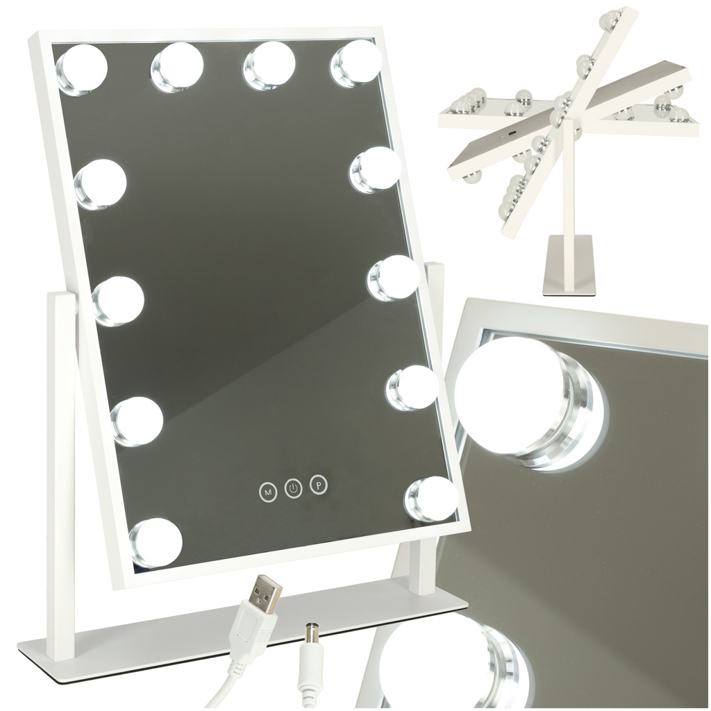 Lusterko-do-makijazu-kosmetyczne-podswietlane-LED-Hollywood-z-12-zarowkami-USB-30-x-40-cm-158286 LED makiažo veidrodis su USB lemputėmis 30x40cm