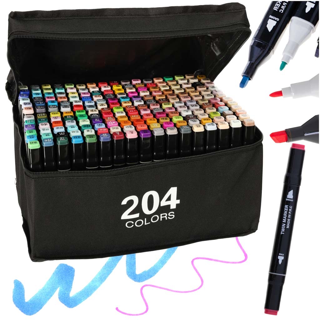 Markery-dwustronne-alkoholowe-w-etui-204-podstawka-141460 Dvipusiai alkoholiniai žymekliai dėkle 204 + stovas