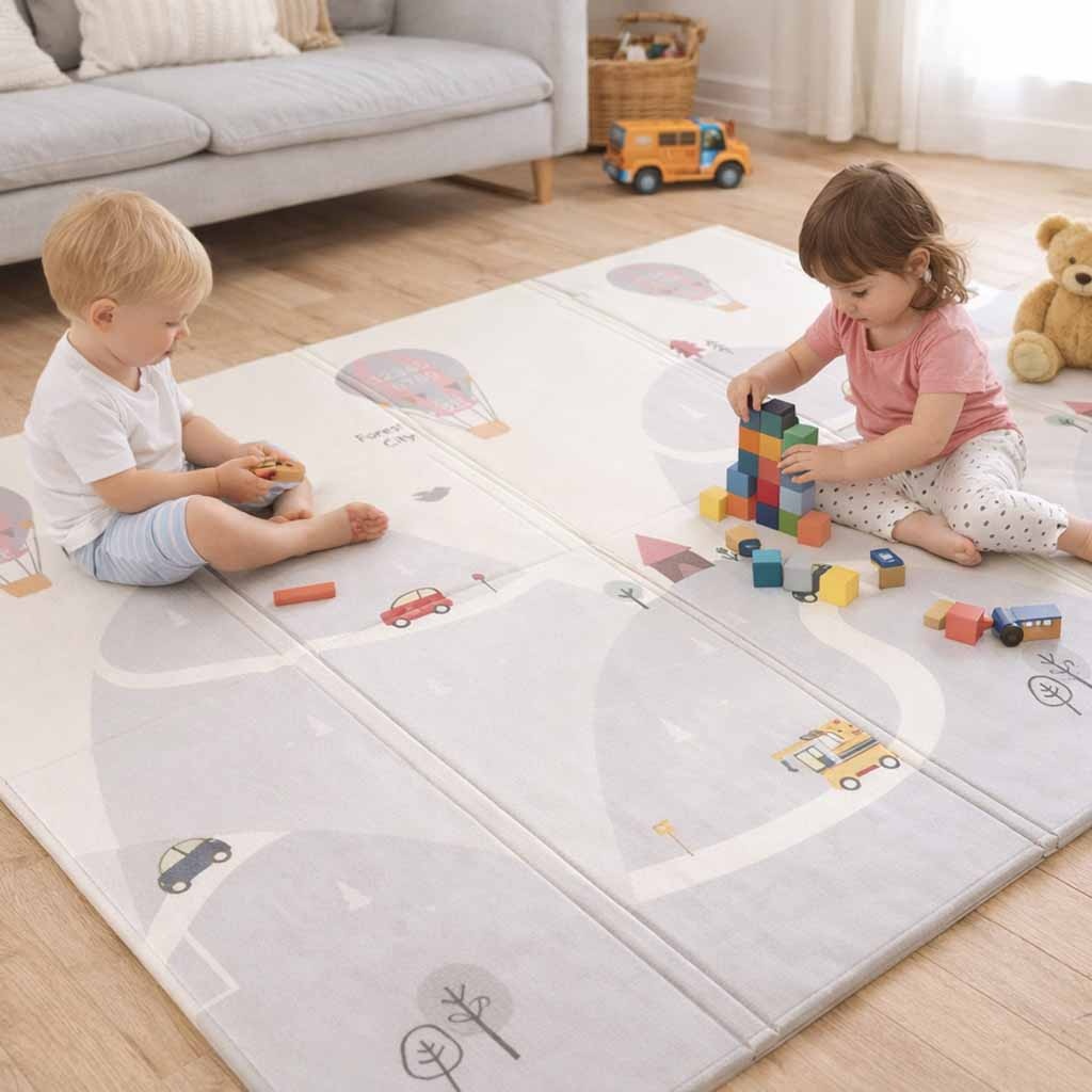 Švietimo putplasčio kilimėlis dvipusis sulankstomas 150x200cm balionai gatvė