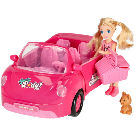 Samochod-dla-lalek-kabriolet-zestaw-piknikowy-szczeniak-rozowy-4-el-156006 Lėlės automobilis kabrioletas pikniko rinkinys lėlė šuo rožinis 4 el.
