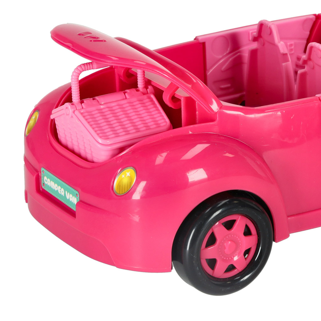Lėlės automobilis kabrioletas pikniko rinkinys lėlė šuo rožinis 4 el.