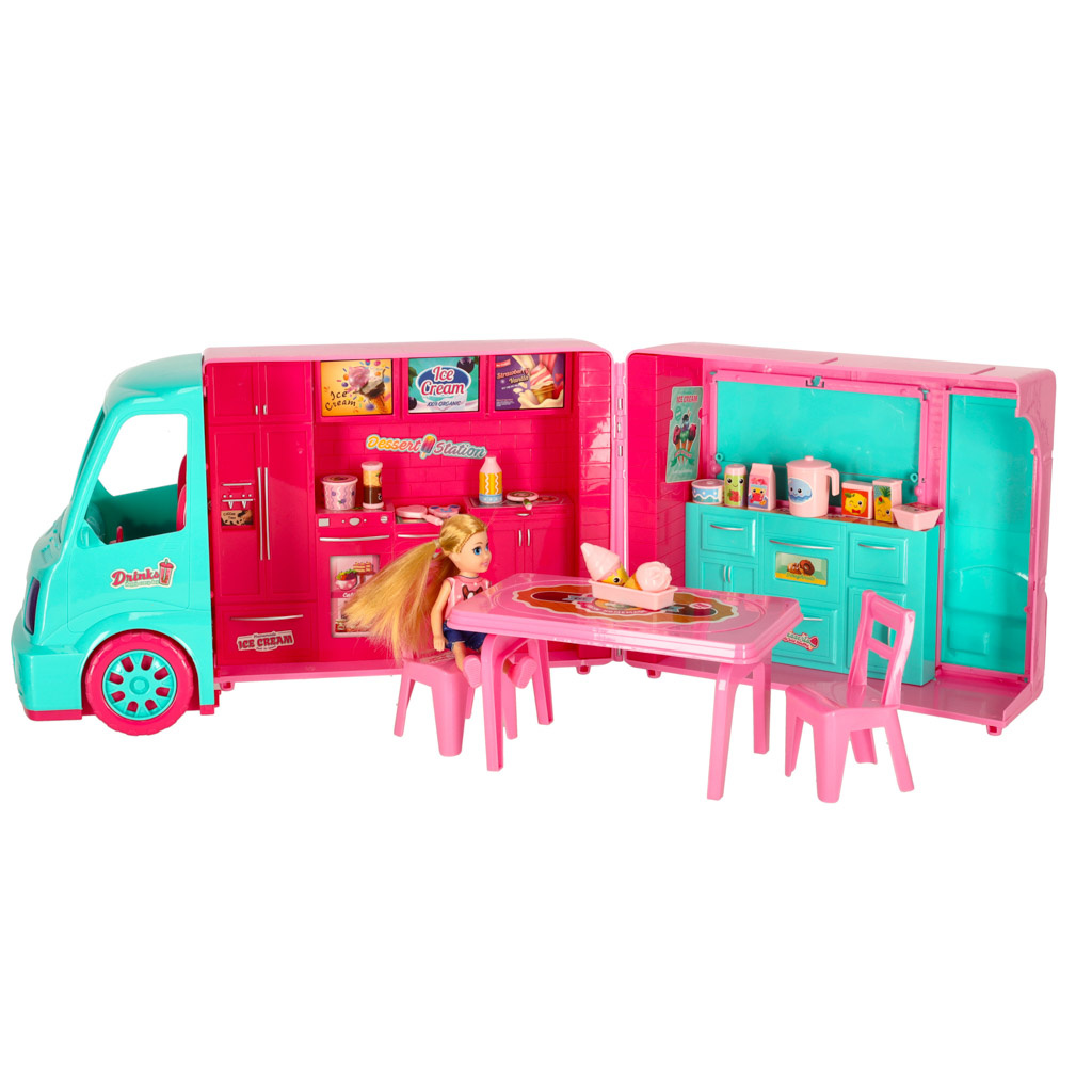 Samochod-dla-lalek-kamper-food-truck-zestaw-21-el-155998 Lėlių kemperio maisto sunkvežimio rinkinys 21 el.