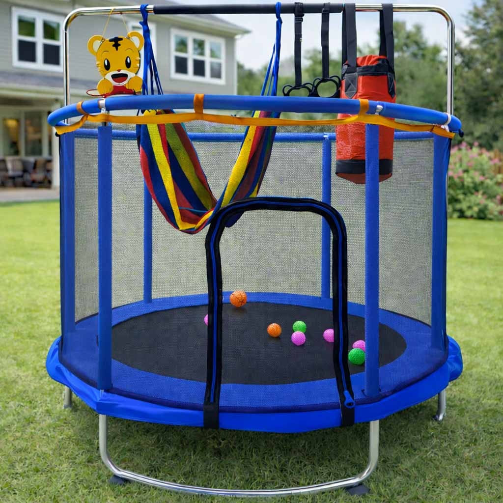 Trampolina-dla-dzieci-ogrodowa-siatka-pilki-koszykowka-155cm-niebieska-182689 Vaikų batutas sodo kamuolio tinklas krepšinio kamuolys 155cm mėlynas