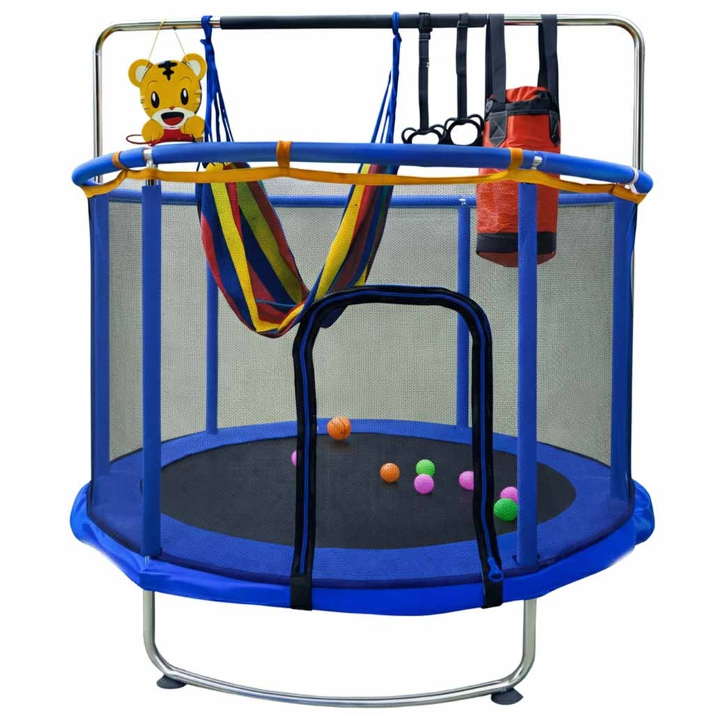 Trampolina-dla-dzieci-ogrodowa-siatka-pilki-koszykowka-155cm-niebieska-182706 Vaikų batutas sodo kamuolio tinklas krepšinio kamuolys 155cm mėlynas