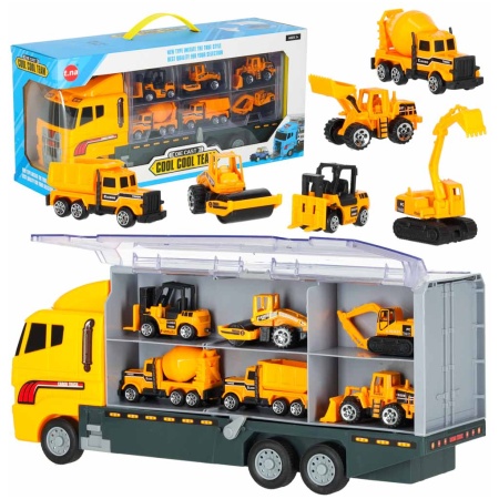 Transporter-ciezarowka-TIR-wyrzutnia-metalowe-auta-maszyny-budowlane-166606 Transporterio sunkvežimis TIR paleidimo įrenginys + metaliniai automobiliai statybinės mašinos