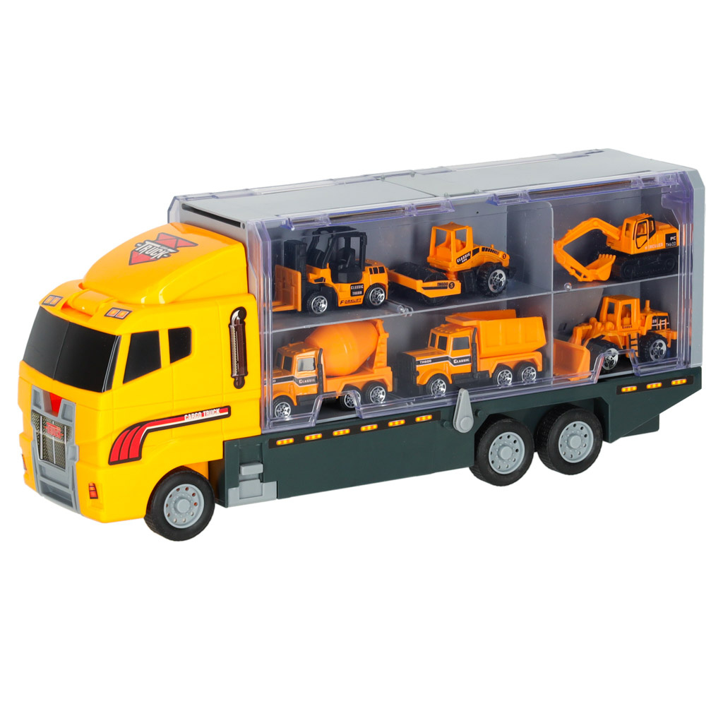 Transporterio sunkvežimis TIR paleidimo įrenginys + metaliniai automobiliai statybinės mašinos