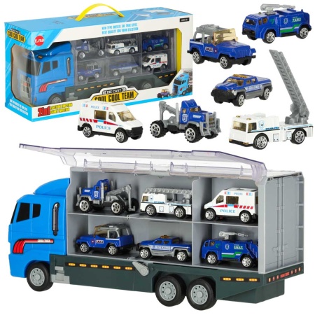 Transporter-ciezarowka-TIR-wyrzutnia-metalowe-auta-policja-166594 Transporterio sunkvežimis TIR paleidimo įrenginys + metaliniai policijos automobiliai