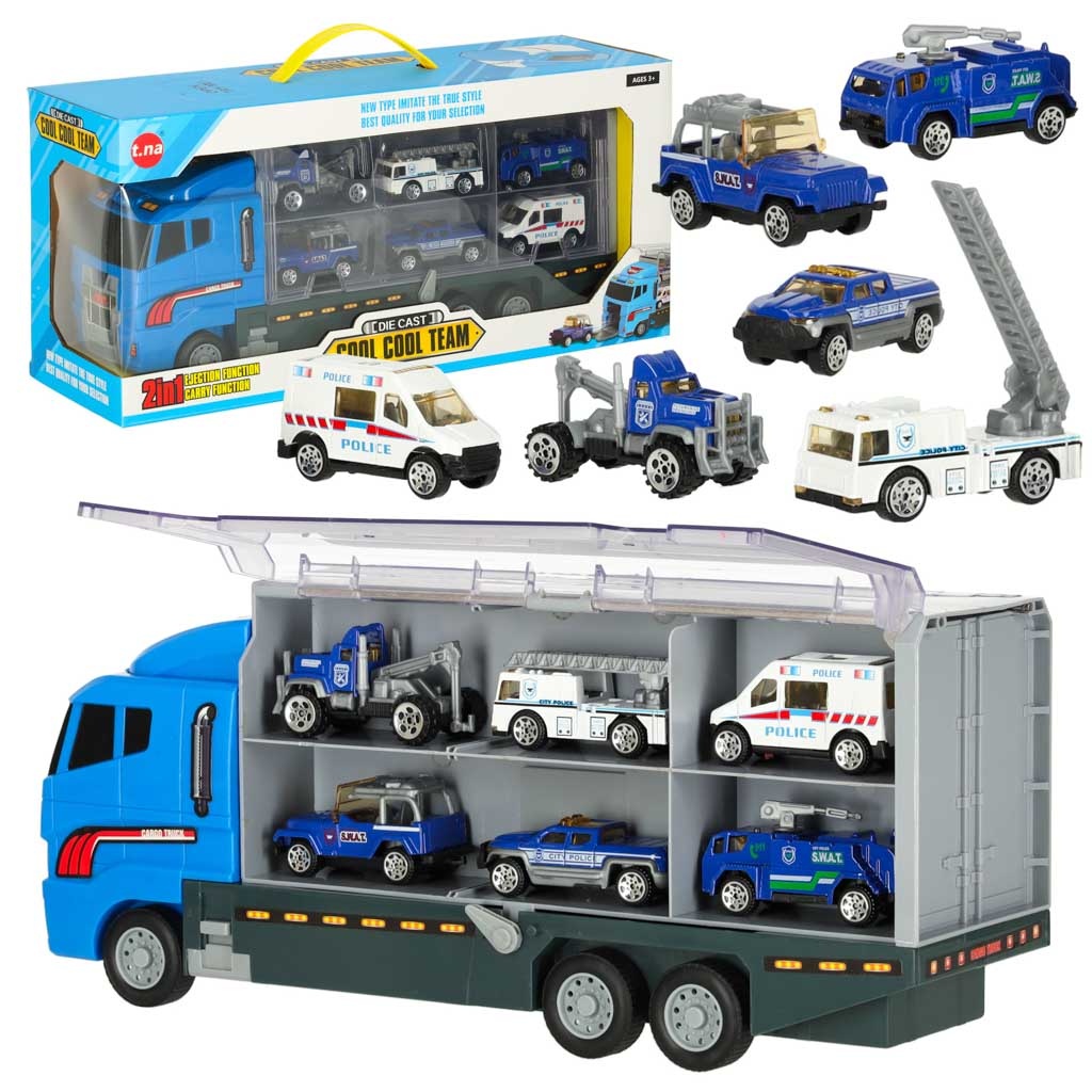 Transporter-ciezarowka-TIR-wyrzutnia-metalowe-auta-policja-166594 Transporterio sunkvežimis TIR paleidimo įrenginys + metaliniai policijos automobiliai