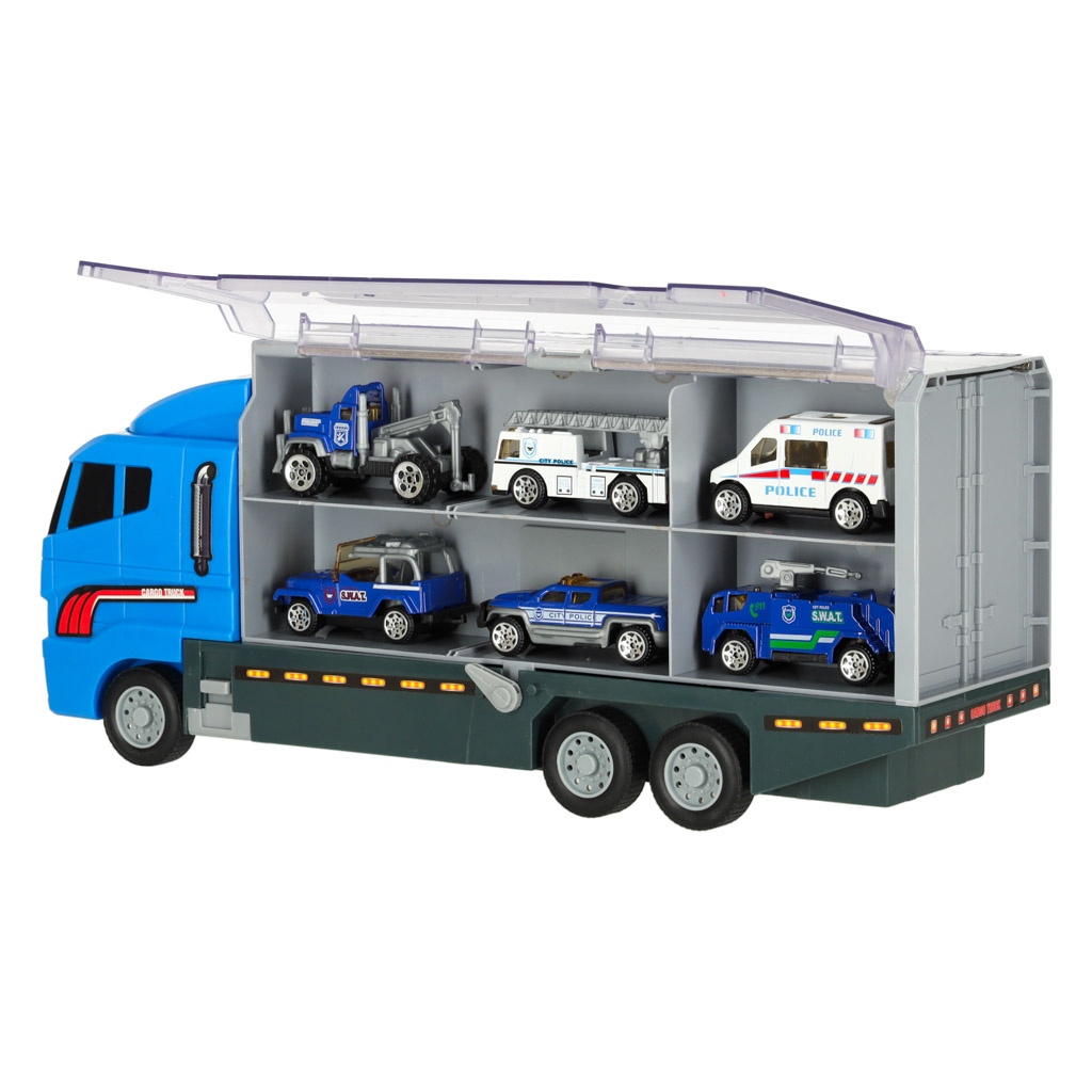 Transporter-ciezarowka-TIR-wyrzutnia-metalowe-auta-policja-166595 Transporterio sunkvežimis TIR paleidimo įrenginys + metaliniai policijos automobiliai