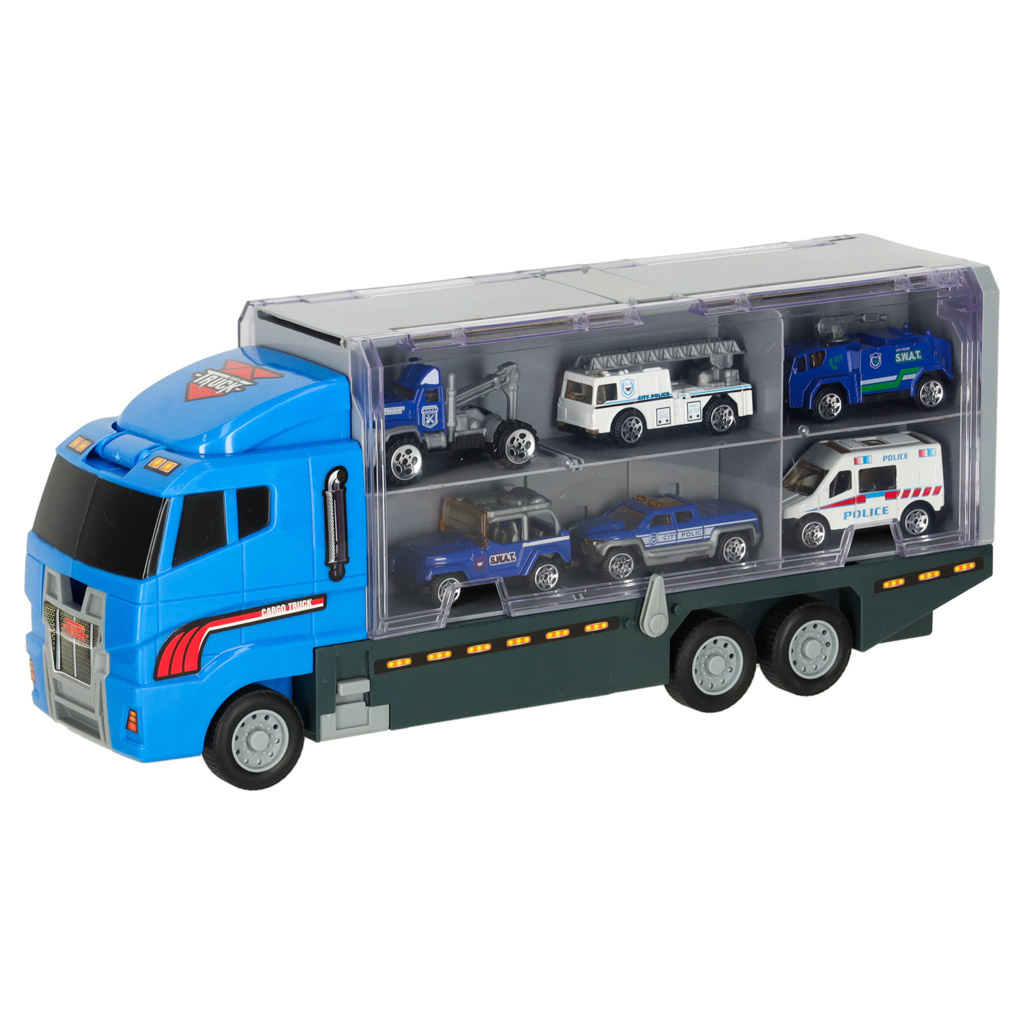 Transporter-ciezarowka-TIR-wyrzutnia-metalowe-auta-policja-166596 Transporterio sunkvežimis TIR paleidimo įrenginys + metaliniai policijos automobiliai