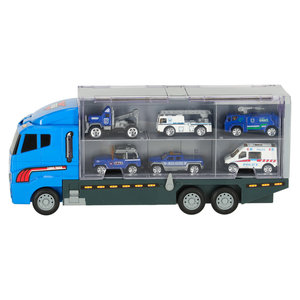 Transporter-ciezarowka-TIR-wyrzutnia-metalowe-auta-policja-166597 Transporterio sunkvežimis TIR paleidimo įrenginys + metaliniai policijos automobiliai