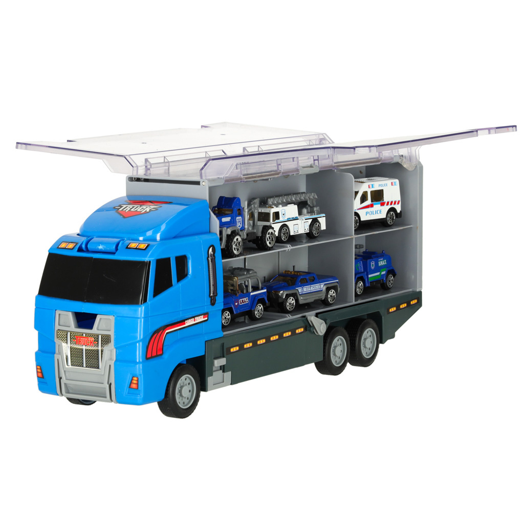 Transporter-ciezarowka-TIR-wyrzutnia-metalowe-auta-policja-166598 Transporterio sunkvežimis TIR paleidimo įrenginys + metaliniai policijos automobiliai