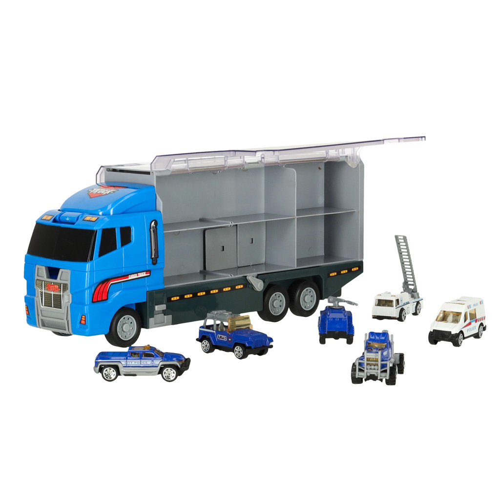 Transporter-ciezarowka-TIR-wyrzutnia-metalowe-auta-policja-166599 Transporterio sunkvežimis TIR paleidimo įrenginys + metaliniai policijos automobiliai