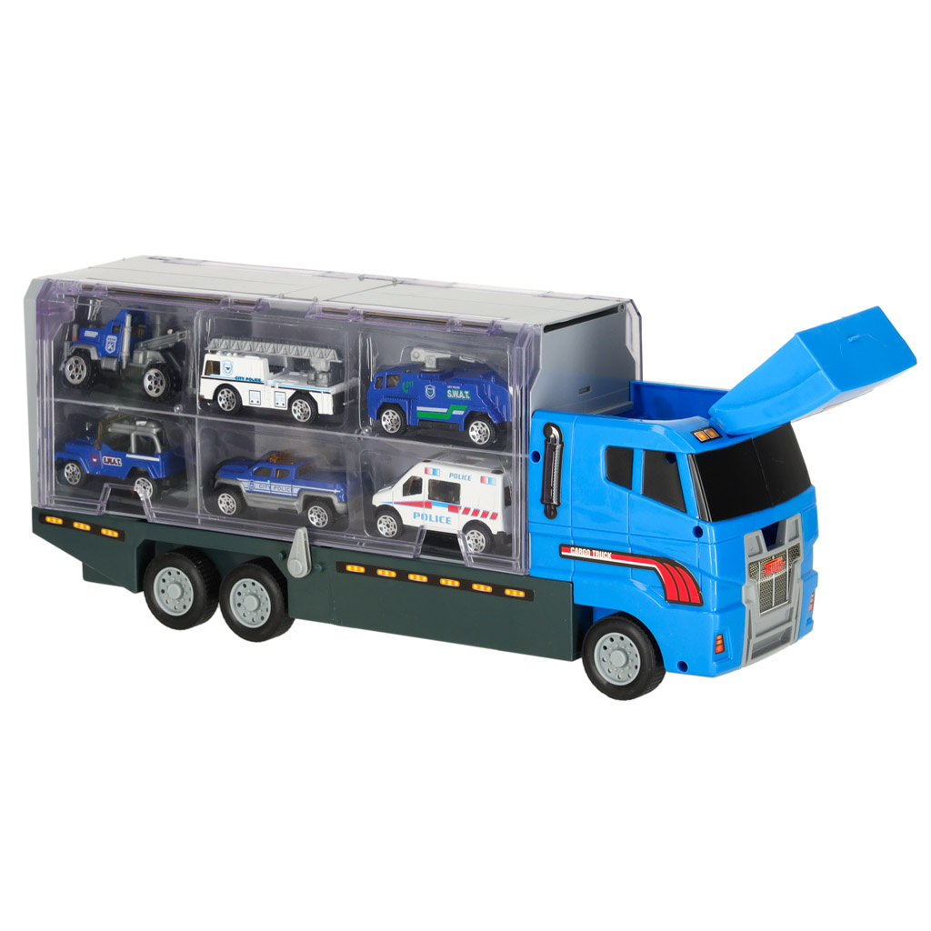 Transporter-ciezarowka-TIR-wyrzutnia-metalowe-auta-policja-166601 Transporterio sunkvežimis TIR paleidimo įrenginys + metaliniai policijos automobiliai