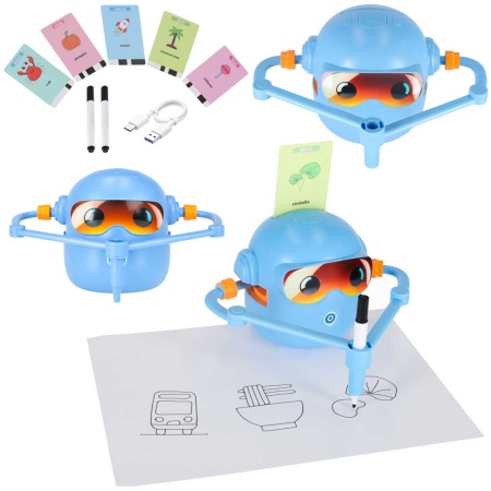 Zabawka-interaktywna-edukacyjna-robot-nauka-rysowania-fiszki-mazaki-niebieski-181122 Interaktyvus mokomasis robotas-žaislas, mokantis piešti flomasteriais mėlynos spalvos