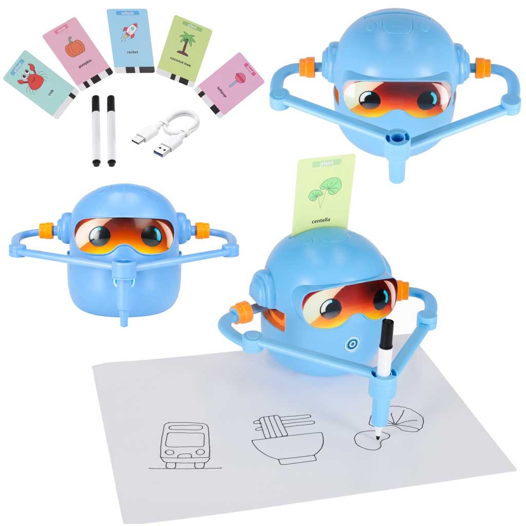 Zabawka-interaktywna-edukacyjna-robot-nauka-rysowania-fiszki-mazaki-niebieski-181122 Interaktyvus mokomasis robotas-žaislas, mokantis piešti flomasteriais mėlynos spalvos