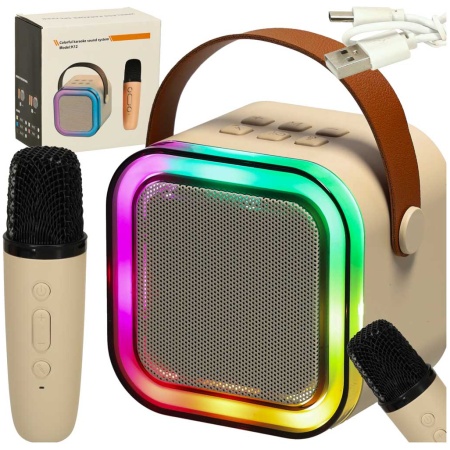 Zestaw-do-karaoke-mikrofon-glosnik-przenosny-BLUETOOTH-USB-LED-bezowy-162854 Karaokės rinkinys "Bluetooth" garsiakalbis mikrofonas USB LED smėlio spalvos