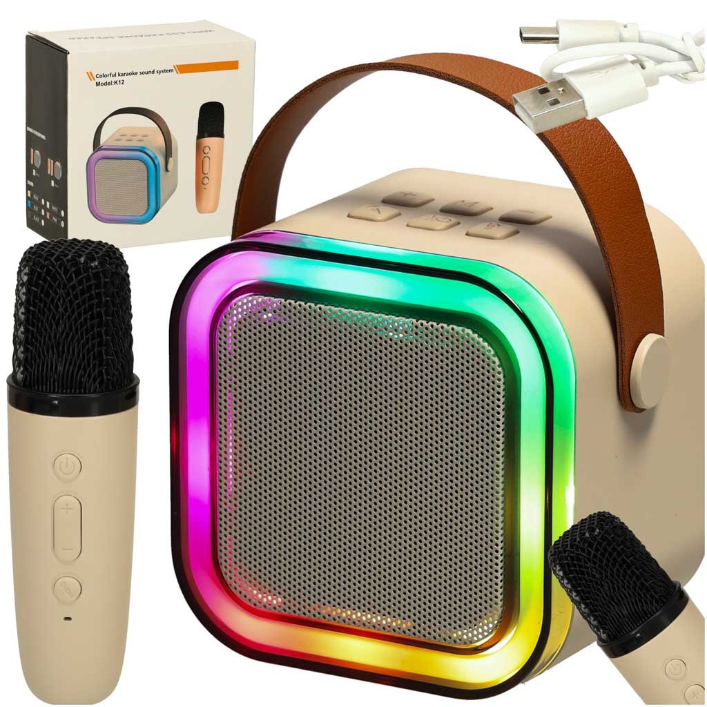 Zestaw-do-karaoke-mikrofon-glosnik-przenosny-BLUETOOTH-USB-LED-bezowy-162854 Karaokės rinkinys "Bluetooth" garsiakalbis mikrofonas USB LED smėlio spalvos