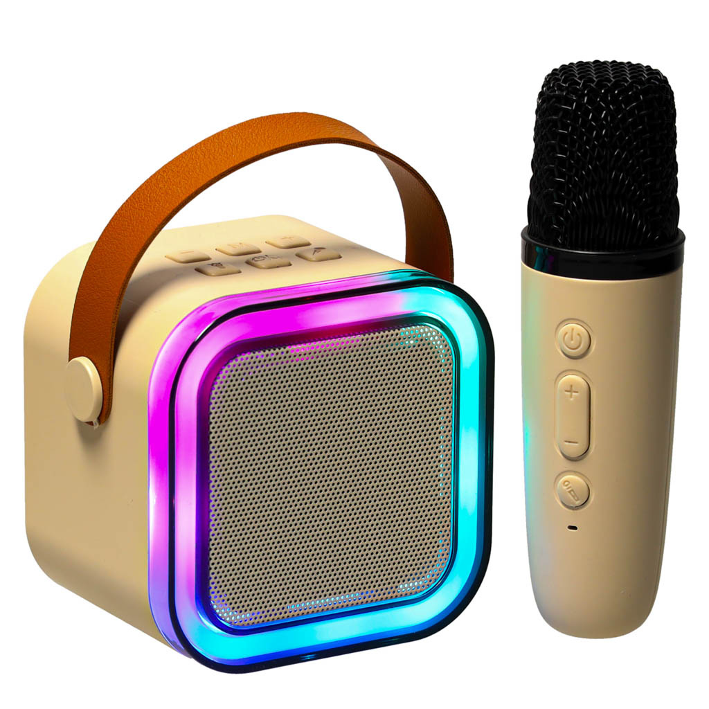 Zestaw-do-karaoke-mikrofon-glosnik-przenosny-BLUETOOTH-USB-LED-bezowy-162855 Karaokės rinkinys "Bluetooth" garsiakalbis mikrofonas USB LED smėlio spalvos