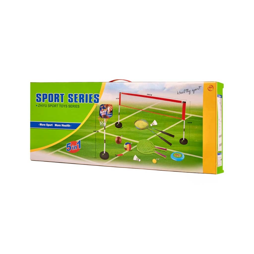 Sporto rinkinys 5in1 badmintonas krepšinis tinklinis tenisas frisbis