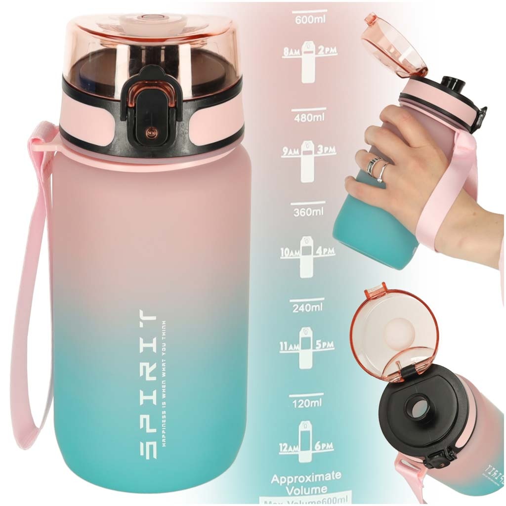 Vandens buteliukas sportinis buteliukas su kandikliu BPA FREE 600ml rožinės-mėlynos spalvos